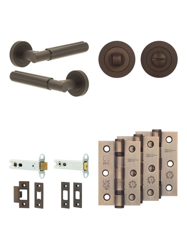 Complete Bloom Door Handle Pack - Heavy Duty Tubular Bathroom (Standard Thumb Turn) - Dark Bronze - 102mm / 3-inch Hinges - JE-B32B3-DB