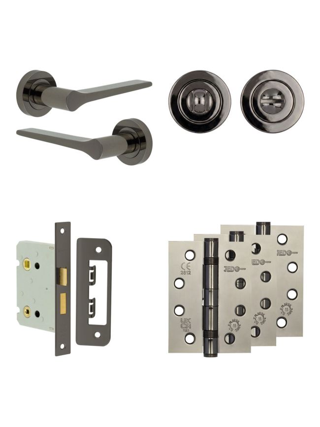 Complete Gio Door Handle Pack - Bathroom Lock (Standard Thumb Turn) - Black Nickel - 76mm / 4-inch Hinges - JE-E6A3-BN