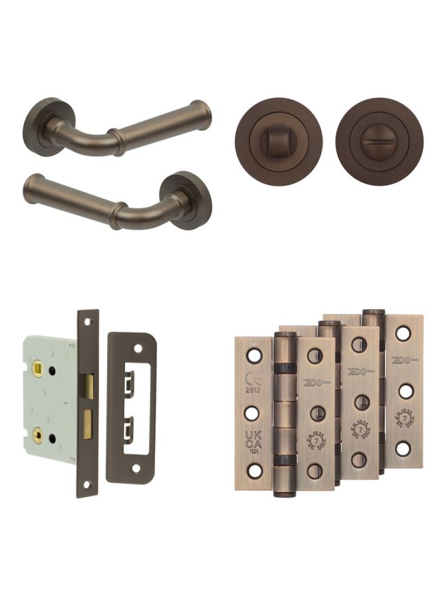 Complete Classic Door Handle Pack - Bathroom Lock (Standard Thumb Turn) - Dark Bronze - 76mm / 3-inch Hinges - JE-A6B3-DB