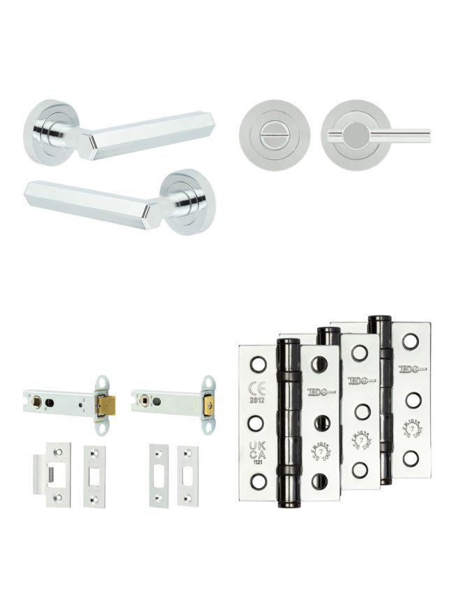 Complete Hex Door Handle Pack - Heavy Duty Tubular Bathroom (Plain Thumb Turn) - Polished Chrome - 102mm / 3-inch Hinges - JE-C32B2-PC
