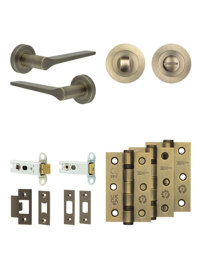 Complete Gio Door Handle Pack - Heavy Duty Tubular Bathroom (Standard Thumb Turn) - Antique Brass - 76mm / 3-inch Hinges - JE-E31B3-AB