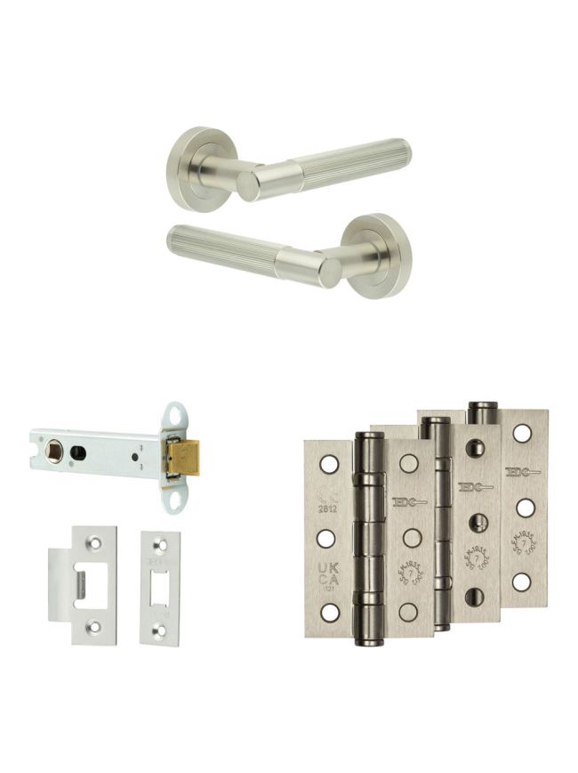 Complete Venice Door Handle Pack - Heavy Duty Latch - Satin Nickel - 102mm / 3-inch Hinges - JE-F22B-SN