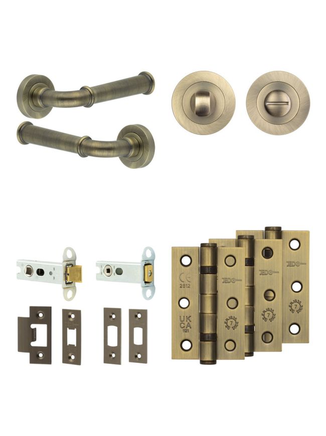 Complete Classic Door Handle Pack - Heavy Duty Tubular Bathroom (Standard Thumb Turn) - Antique Brass - 76mm / 3-inch Hinges - JE-A31B3-AB