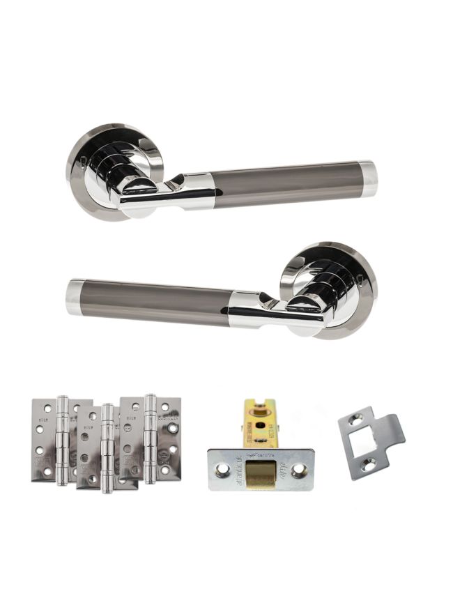 STATUS Dakota Door Handle Pack (Latch Set - 2.5" CE Latch, 4" Fire Rated Hinges x3) - Black Nickel/Polished Chrome