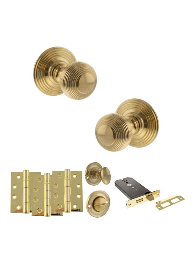 Old English Ripon Door Knob Pack (Lock Set - Horizontal Bathlock, 4" Fire Rated Hinges x3) - Raw Brass
