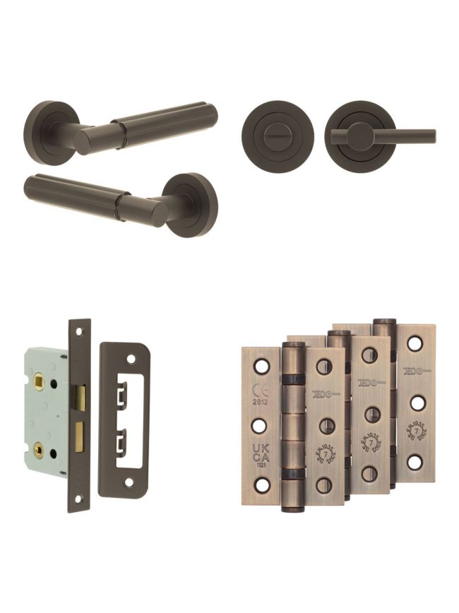 Complete Bloom Door Handle Pack - Bathroom Lock (Plain Thumb Turn) - Dark Bronze - 65mm / 3-inch Hinges - JE-B5B2-DB