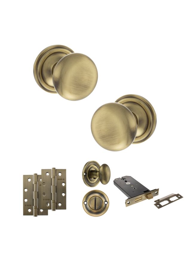 Old English Harrogate Door Knob Pack (Lock Set - Horizontal Bathlock, 4" Slim Knuckle Hinges x2) - Antique Brass