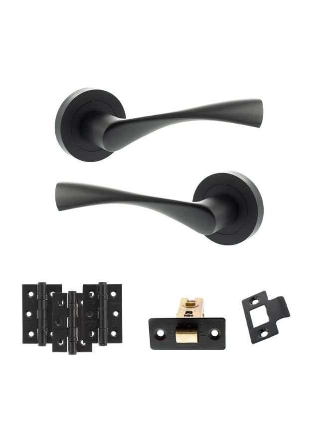 Eco Aqua Door Handle Pack (Latch Set - 2.5" CE Latch, 3" Fire Rated Hinges x3) - Matt Black