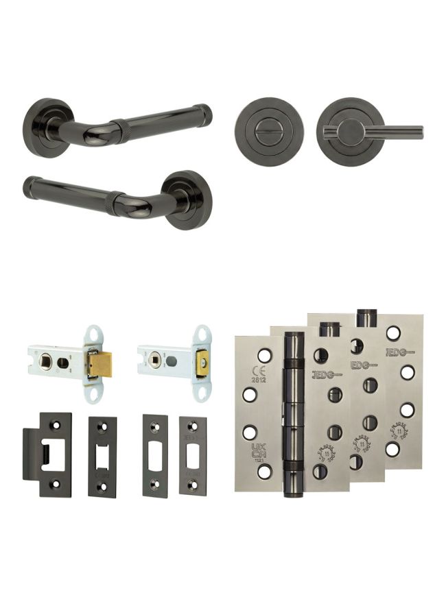 Complete Midtown Door Handle Pack - Heavy Duty Tubular Bathroom (Plain Thumb Turn) - Black Nickel - 64mm / 4-inch Hinges - JE-G30A2-BN