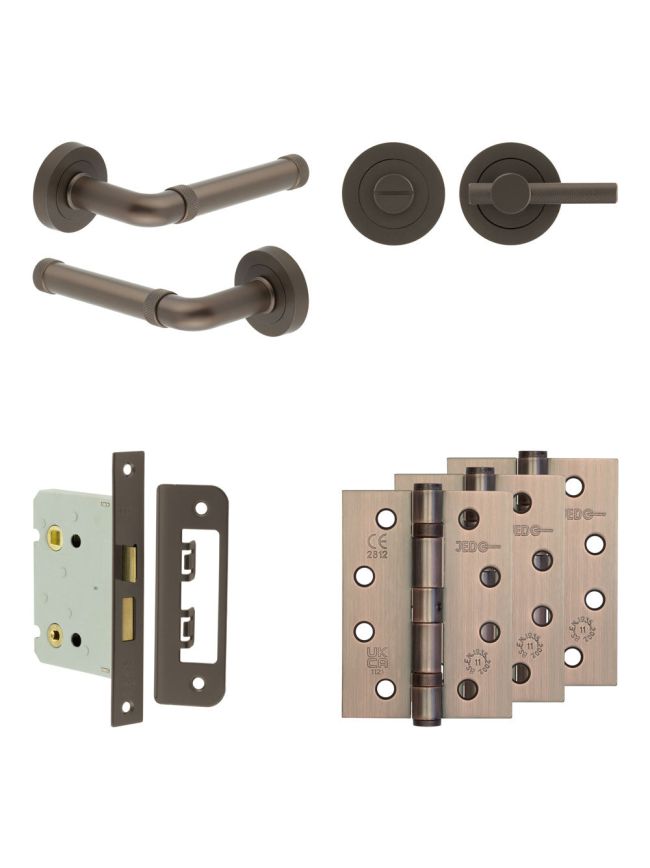 Complete Midtown Door Handle Pack - Bathroom Lock (Knurled Thumb Turn) - Dark Bronze - 76mm / 4-inch Hinges - JE-G6A1-DB