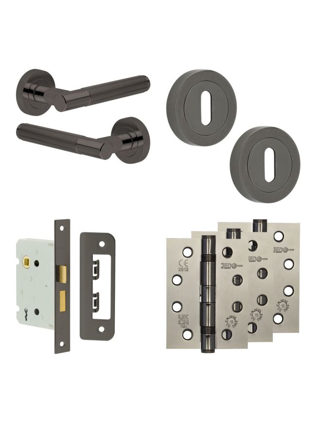 Complete Venice Door Handle Pack - Sashlock - Black Nickel - 76mm / 4-inch Hinges - JE-F8A8-BN