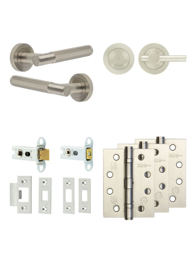 Complete Bari Door Handle Pack - Heavy Duty Tubular Bathroom (Plain Thumb Turn) - Satin Nickel - 64mm / 4-inch Hinges - JE-D30A2-SN