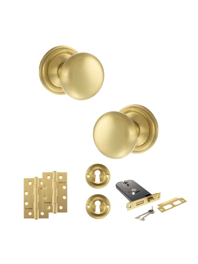 Old English Harrogate Door Knob Pack (Lock Set - Horizontal Sashlock, 4" Slim Knuckle Hinges x2) - Satin Brass