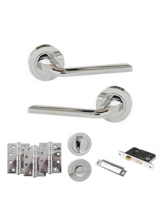 Eco Surf Door Handle Pack (Bathroom Set - 3" CE Bathroom Lock, 4" Fire Rated Hinges x3) - Polished Chrome