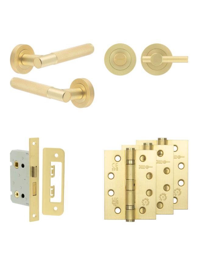 Complete Bari Door Handle Pack - Bathroom Lock (Knurled Thumb Turn) - Satin Brass - 65mm / 4-inch Hinges - JE-D5A1-SB