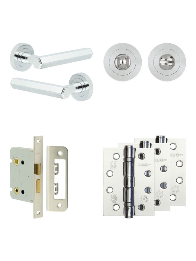 Complete Hex Door Handle Pack - Bathroom Lock (Standard Thumb Turn) - Polished Chrome - 76mm / 4-inch Hinges - JE-C6A3-PC