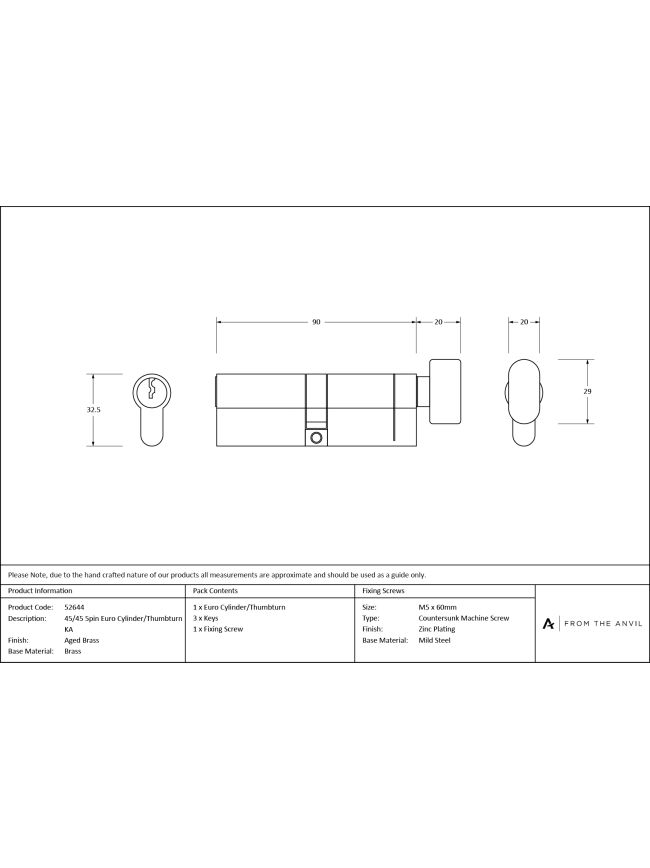 Aged Brass 45/45 5pin Euro Cylinder/Thumbturn KA