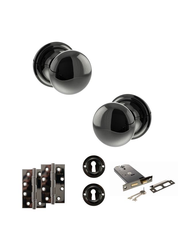 Old English Harrogate Door Knob Pack (Lock Set - Horizontal Sashlock, 4" Slim Knuckle Hinges x2) - Black Nickel