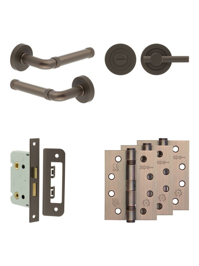 Complete Midtown Door Handle Pack - Bathroom Lock (Knurled Thumb Turn) - Dark Bronze - 65mm / 4-inch Hinges - JE-G5A1-DB