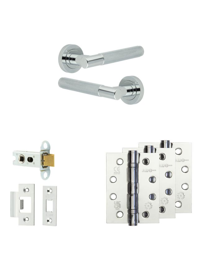 Complete Bari Door Handle Pack - Heavy Duty Latch - Polished Chrome - 64mm / 4-inch Hinges - JE-D20A-PC