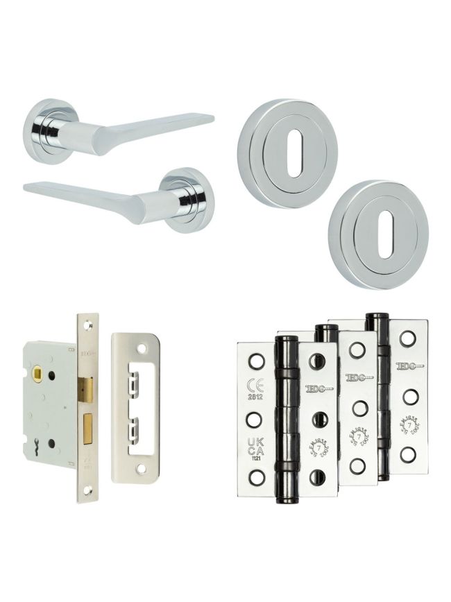 Complete Gio Door Handle Pack - Sashlock - Polished Chrome - 76mm / 3-inch Hinges - JE-E8B8-PC