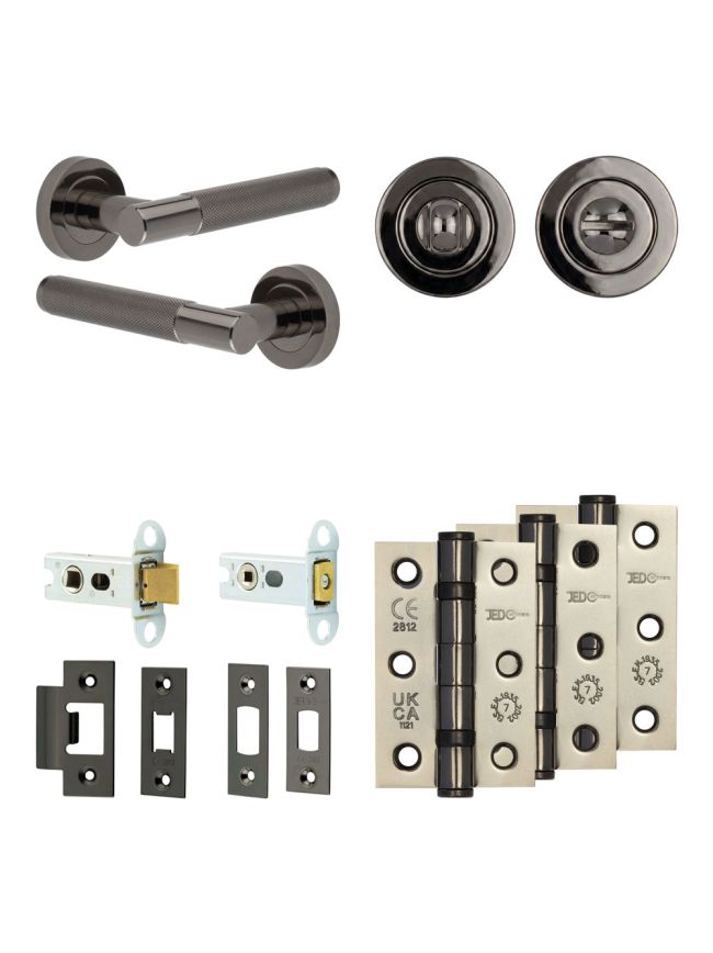 Complete Bari Door Handle Pack - Heavy Duty Tubular Bathroom (Standard Thumb Turn) - Black Nickel - 64mm / 3-inch Hinges - JE-D30B3-BN