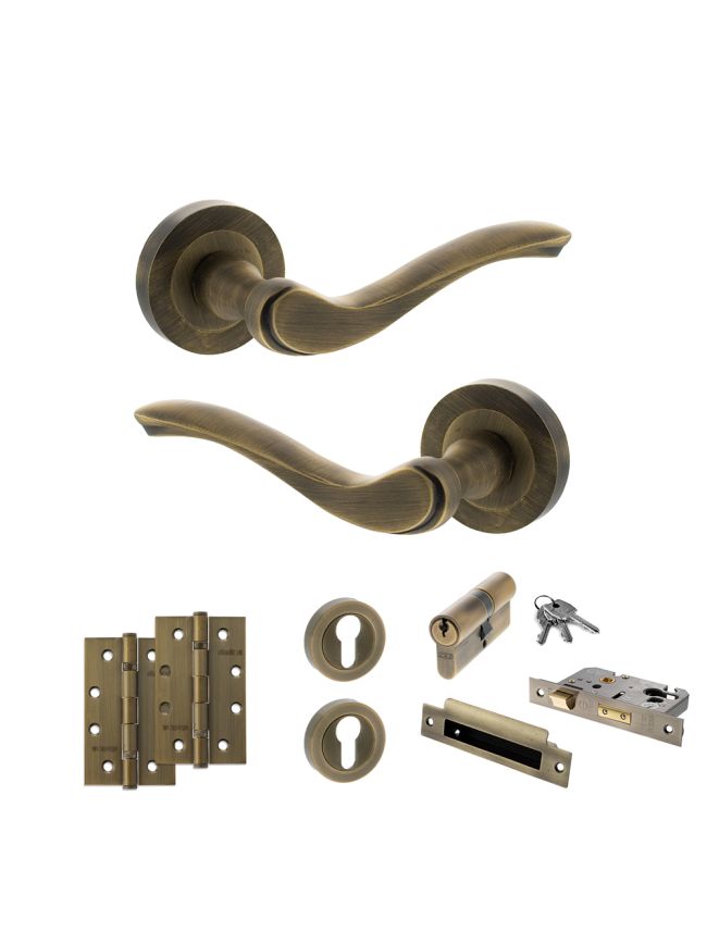 Old English Warwick Door Handle Pack (Euro Lock Set - 2.5" CE Sashlock, 4" Slim Knuckle Hinges x2) - Matt Antique Brass