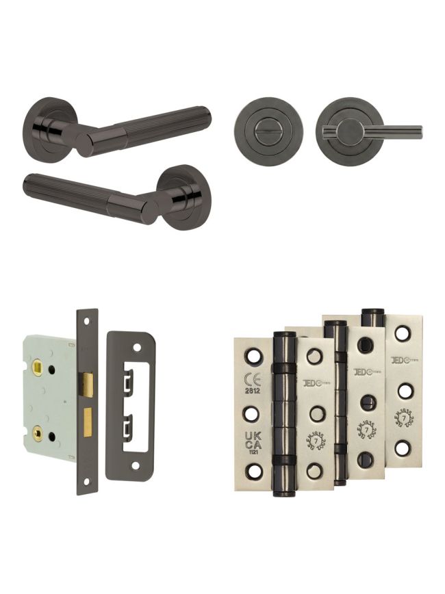 Complete Venice Door Handle Pack - Bathroom Lock (Plain Thumb Turn) - Black Nickel - 76mm / 3-inch Hinges - JE-F6B2-BN