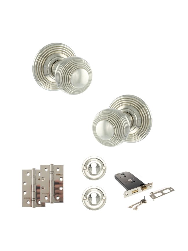 Old English Ripon Door Knob Pack (Lock Set - Horizontal Sashlock, 4" Slim Knuckle Hinges x2) - Polished Nickel