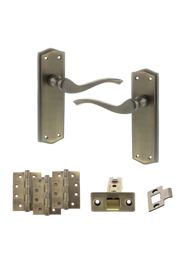 Old English Warwick Door Handle Pack (Latch Set - 3" CE Latch, 4" Fire Rated Hinges x3) - Matt Antique Brass