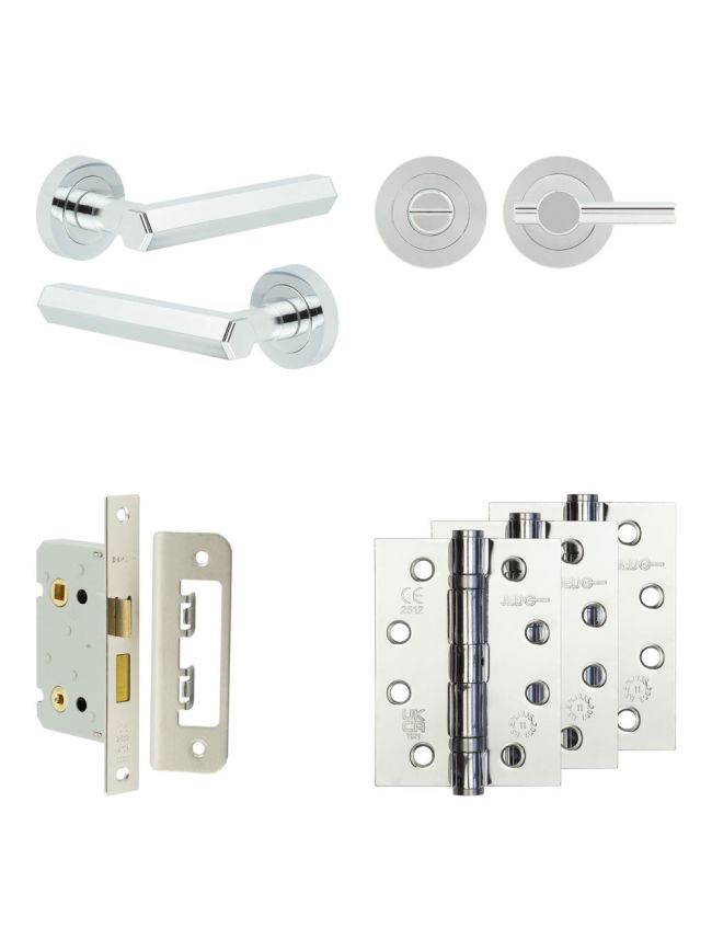 Complete Hex Door Handle Pack - Bathroom Lock (Plain Thumb Turn) - Polished Chrome - 65mm / 4-inch Hinges - JE-C5A2-PC