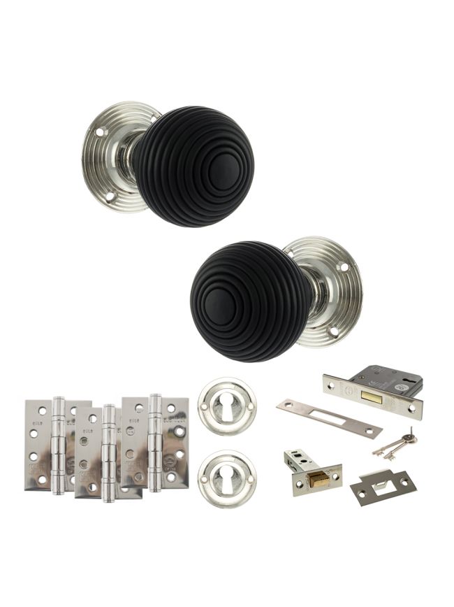 Old English Whitby Door Knob Pack (Lock Set - 3" Latch & Deadlock, 4" Fire Rated Hinges x3) - Polished Nickel
