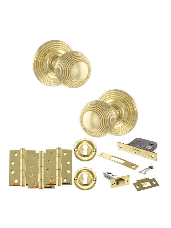 Old English Ripon Door Knob Pack (Lock Set - 3" Latch & Deadlock, 4" Fire Rated Hinges x3) - Polished Brass