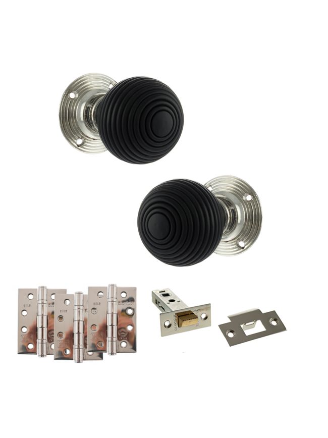 Old English Whitby Door Knob Pack (Latch Set - 4" HD Latch, 4" Fire Rated Hinges x3) - Polished Nickel