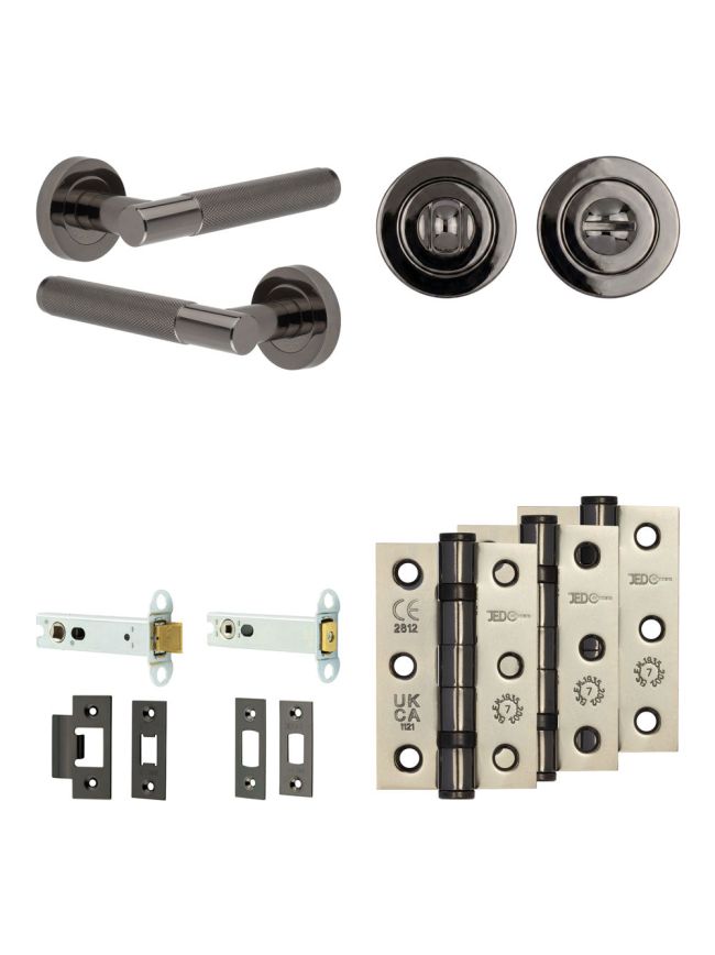 Complete Bari Door Handle Pack - Heavy Duty Tubular Bathroom (Standard Thumb Turn) - Black Nickel - 102mm / 3-inch Hinges - JE-D32B3-BN
