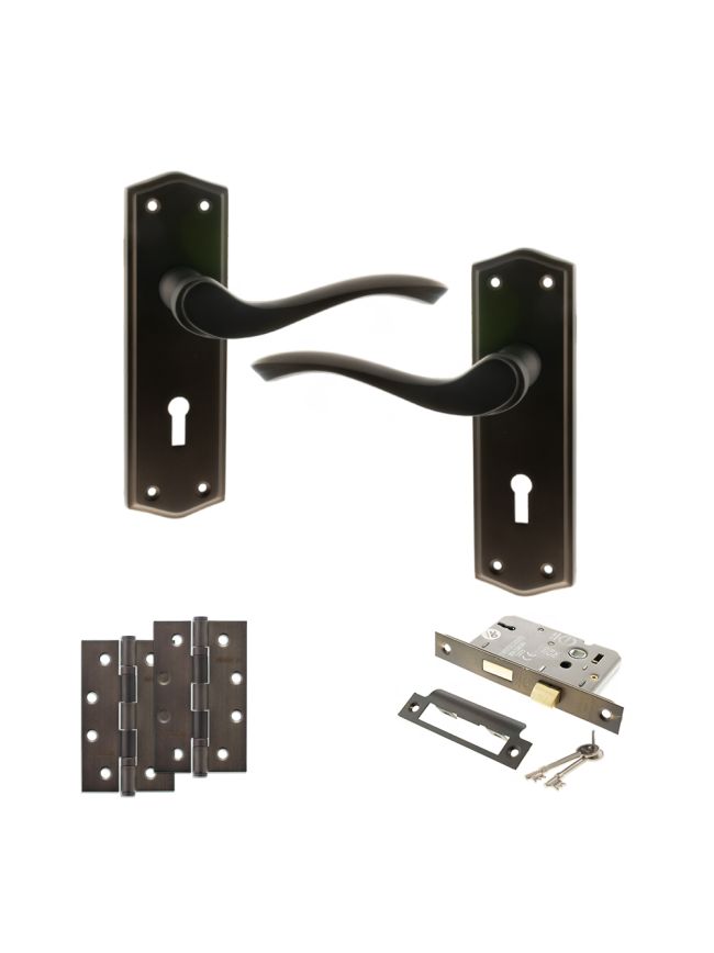 Old English Warwick Door Handle Pack (3 Lever Lock Set - 2.5" CE Sashlock, 4" Slim Knuckle Hinges x2) - Urban Dark Bronze