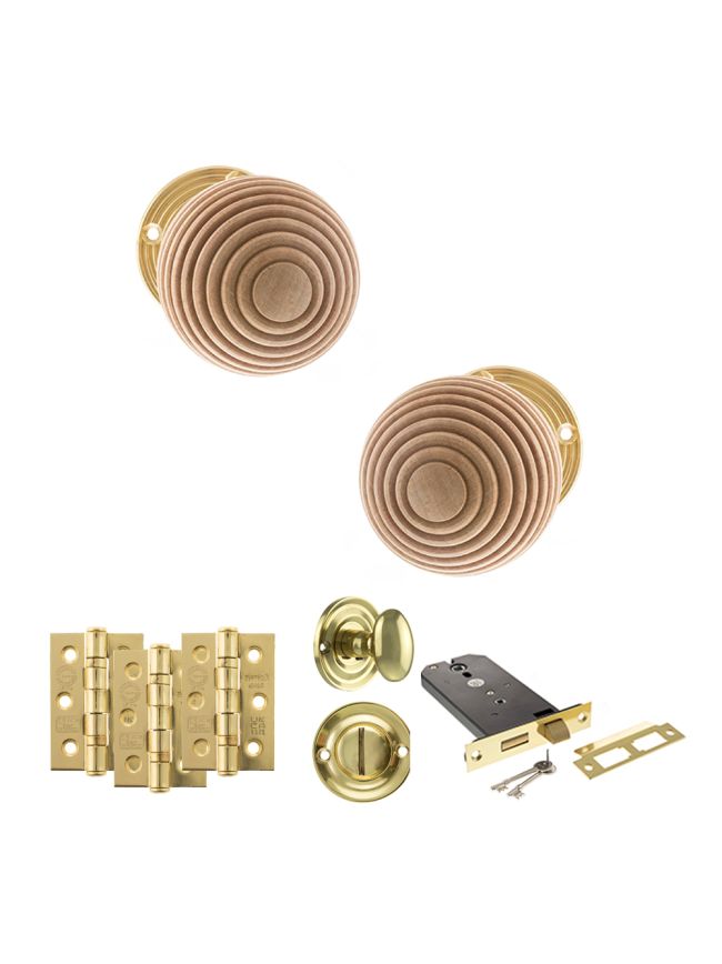 Old English Bridlington Door Knob Pack (Lock Set - Horizontal Bathlock, 3" Fire Rated Hinges x3) - Polished Brass