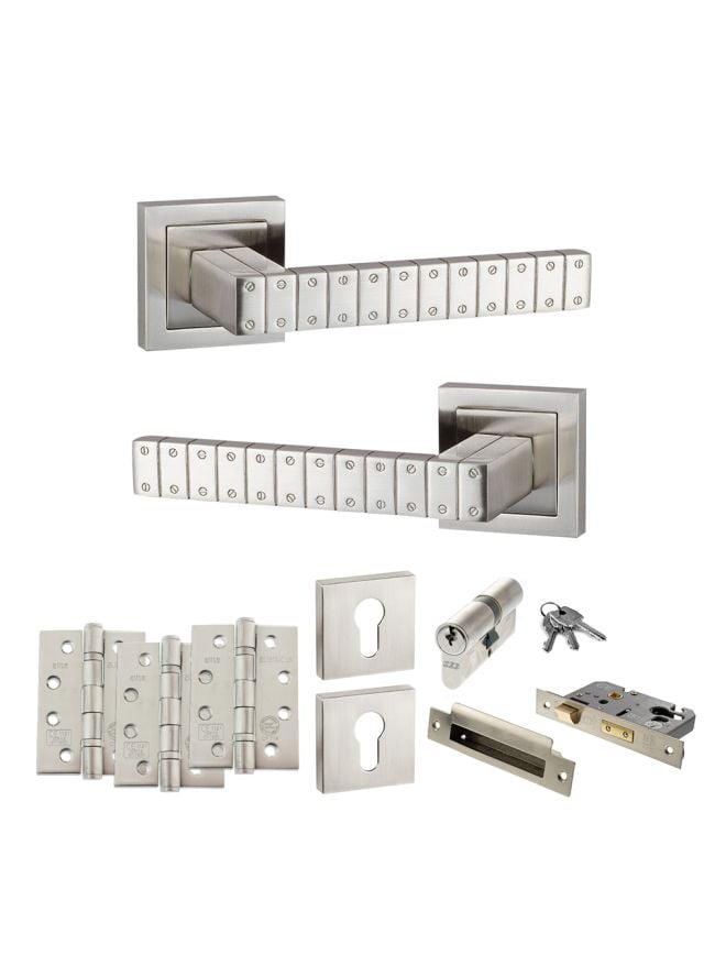 Senza Pari Bianca Door Handle Pack (Euro Lock Set - 3" CE Sashlock, 4" Fire Rated Hinges x3) - Satin Nickel