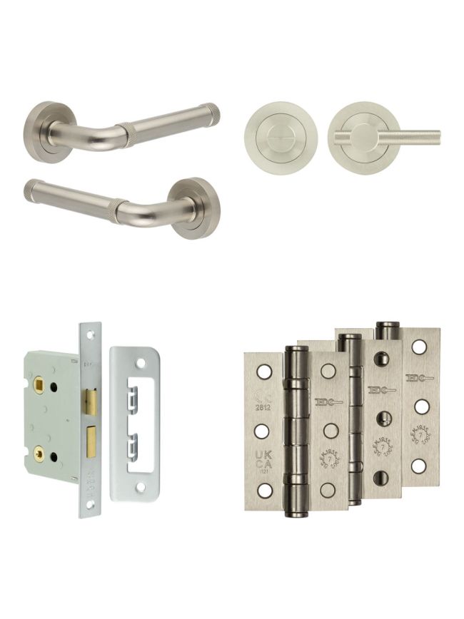 Complete Midtown Door Handle Pack - Bathroom Lock (Knurled Thumb Turn) - Satin Nickel - 76mm / 3-inch Hinges - JE-G6B1-SN