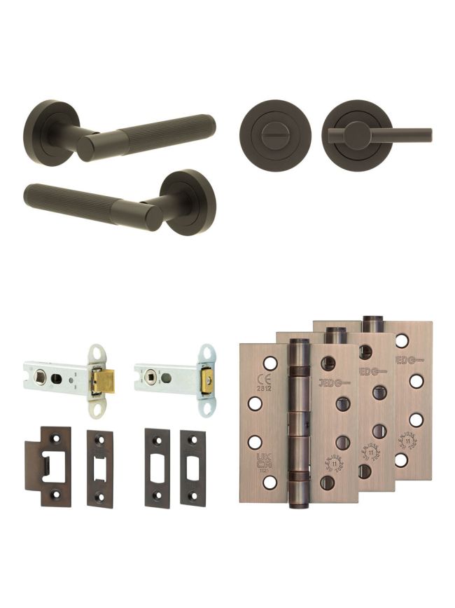 Complete Venice Door Handle Pack - Heavy Duty Tubular Bathroom (Plain Thumb Turn) - Dark Bronze - 76mm / 4-inch Hinges - JE-F31A2-DB