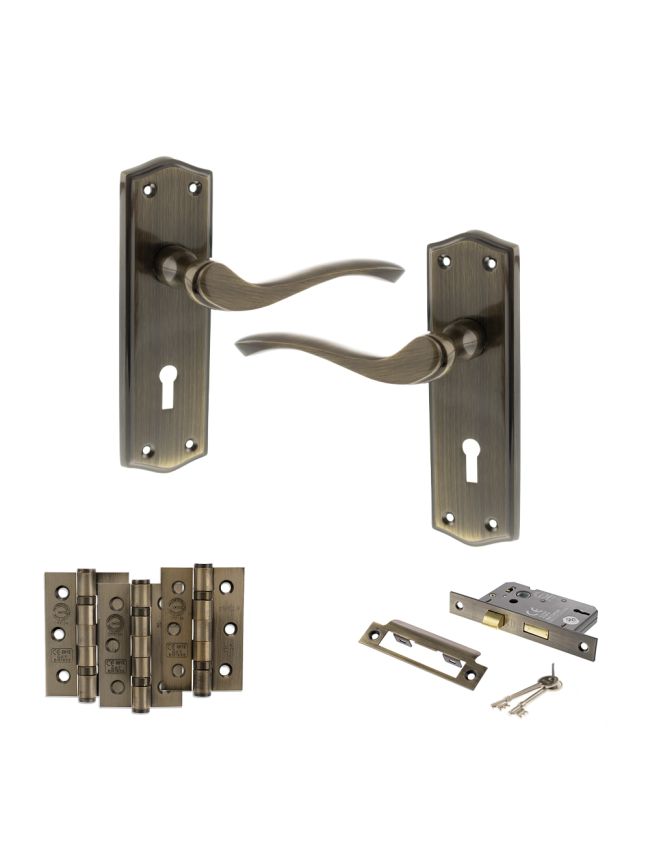 Old English Warwick Door Handle Pack (3 Lever Lock Set - 3" CE Sashlock, 3" Fire Rated Hinges x3) - Antique Brass