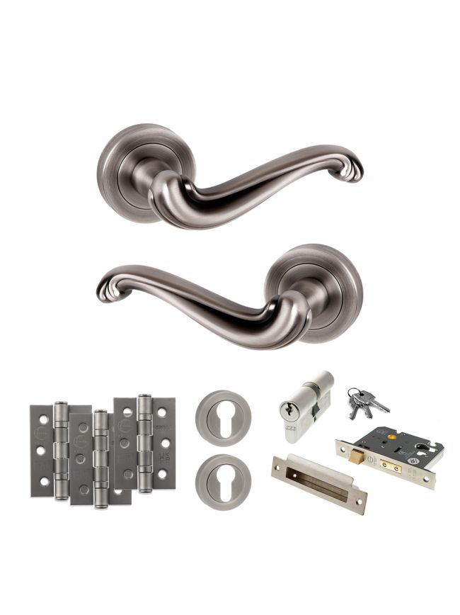 Old English Colchester Door Handle Pack (Euro Lock Set - 3" CE Sashlock, 3" Fire Rated Hinges x3) - Matt Gun Metal