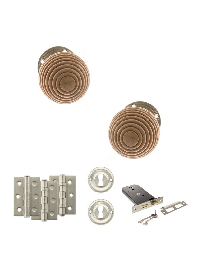 Old English Bridlington Door Knob Pack (Lock Set - Horizontal Sashlock, 3" Fire Rated Hinges x3) - Satin Nickel