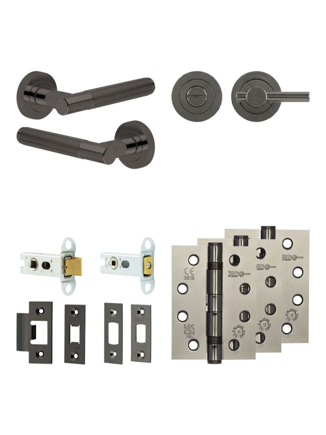 Complete Venice Door Handle Pack - Heavy Duty Tubular Bathroom (Plain Thumb Turn) - Black Nickel - 64mm / 4-inch Hinges - JE-F30A2-BN