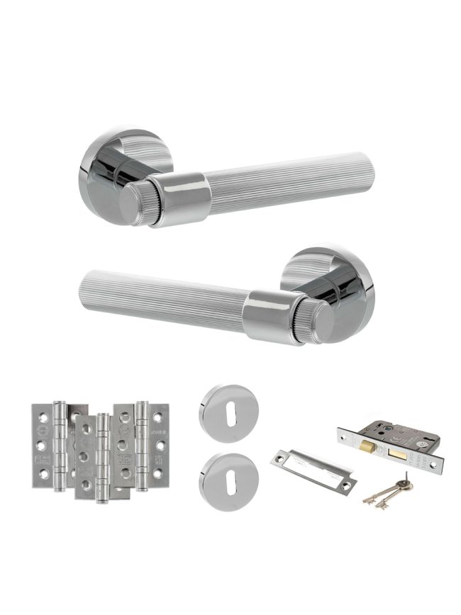 Senza Pari Fasana Door Handle Pack (3 Lever Lock Set - 3" CE Sashlock, 3" Fire Rated Hinges x3) - Polished Chrome