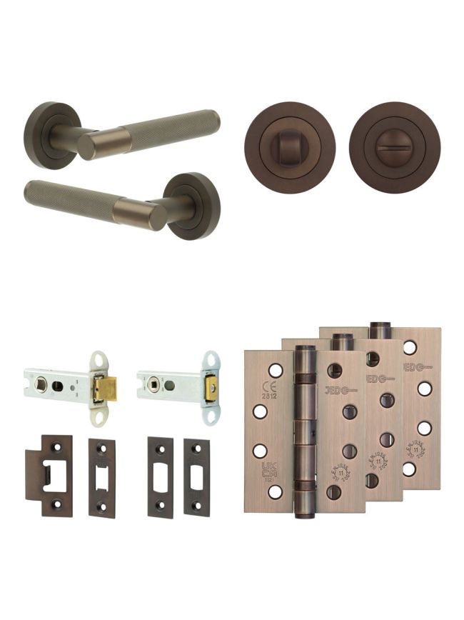 Complete Bari Door Handle Pack - Heavy Duty Tubular Bathroom (Standard Thumb Turn) - Dark Bronze - 76mm / 4-inch Hinges - JE-D31A3-DB