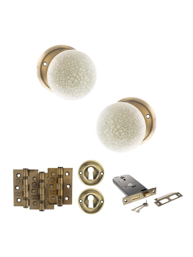 Old English Skipton Door Knob Pack (Lock Set - Horizontal Sashlock, 3" Fire Rated Hinges x3) - Antique Brass