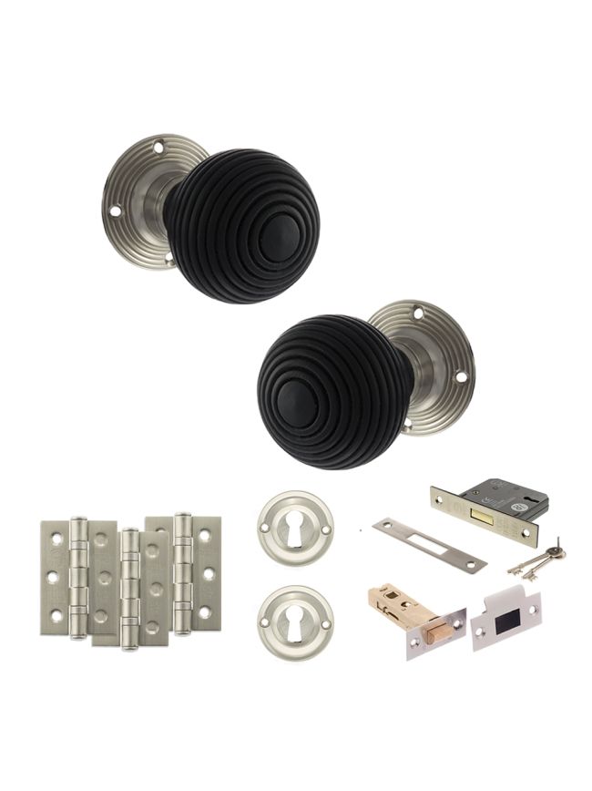 Old English Whitby Door Knob Pack (Lock Set - 3" Latch & Deadlock, 3" Fire Rated Hinges x3) - Satin Nickel