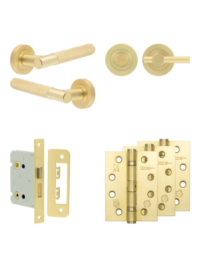 Complete Bari Door Handle Pack - Bathroom Lock (Knurled Thumb Turn) - Satin Brass - 76mm / 4-inch Hinges - JE-D6A1-SB