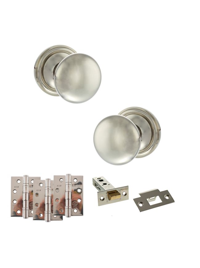 Old English Harrogate Door Knob Pack (Latch Set - 3" HD Latch, 4" Fire Rated Hinges x3) - Polished Nickel